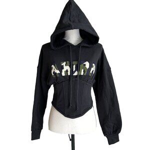 AKIRA Corset Sweatshirt Hoodie Black Tufted Applique Trim Size Small